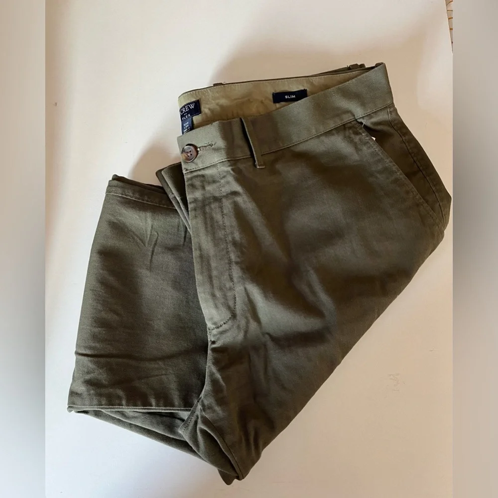 Men’s J.Crew Flex Slim Fit Olive Green Flat Front Chino pants slacks 36x34